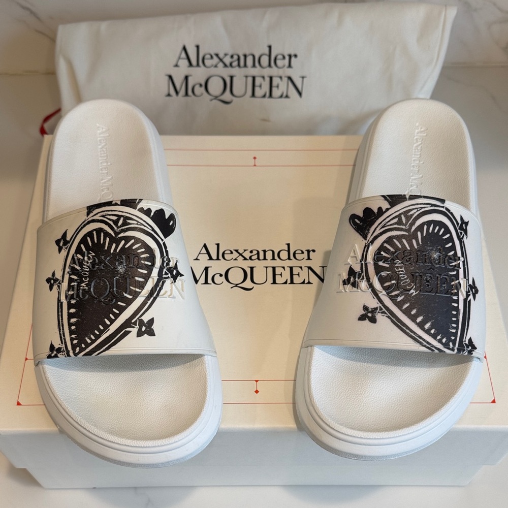 Alexander McQueen White Slides with Black Graphic